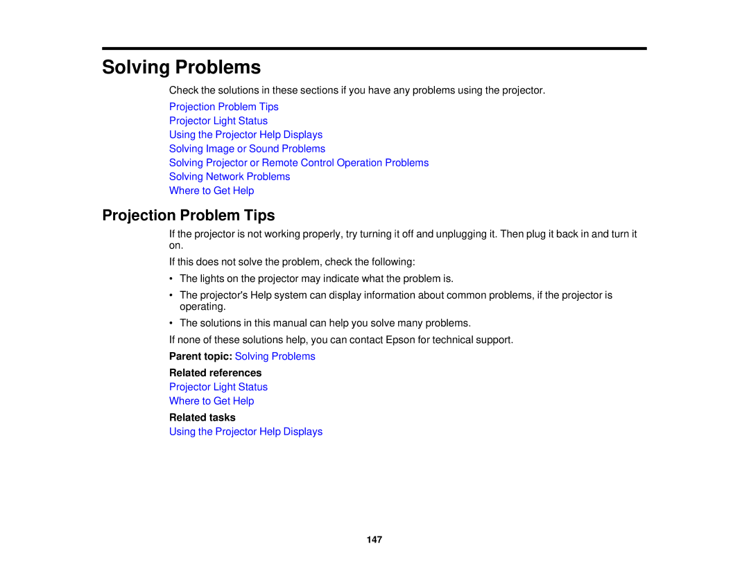 Epson EX7235 Pro, EX7230 Pro manual Solving Problems, Projection Problem Tips 