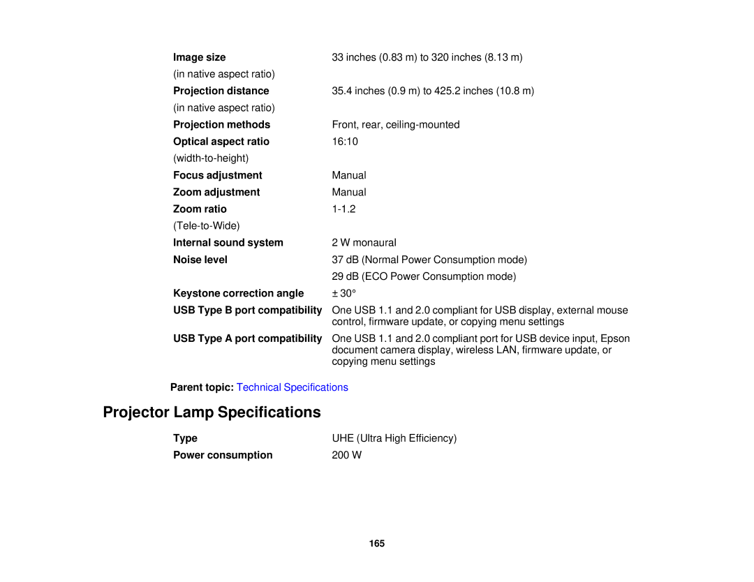 Epson EX7235 Pro, EX7230 Pro manual Projector Lamp Specifications 