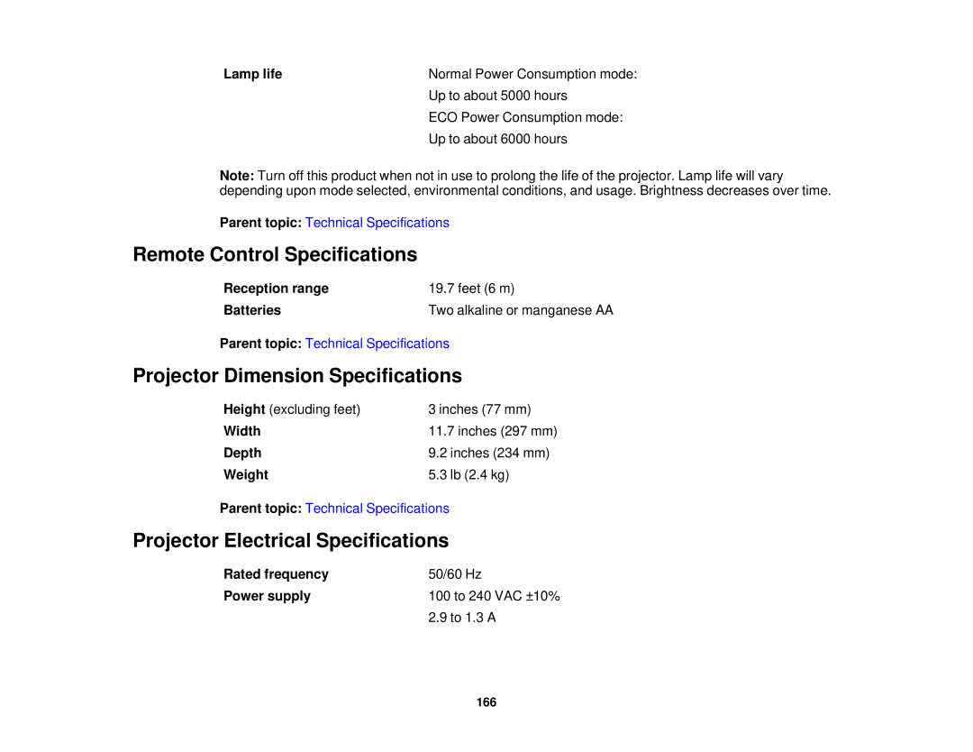 Epson EX7230 Pro Remote Control Specifications, Projector Dimension Specifications, Projector Electrical Specifications 