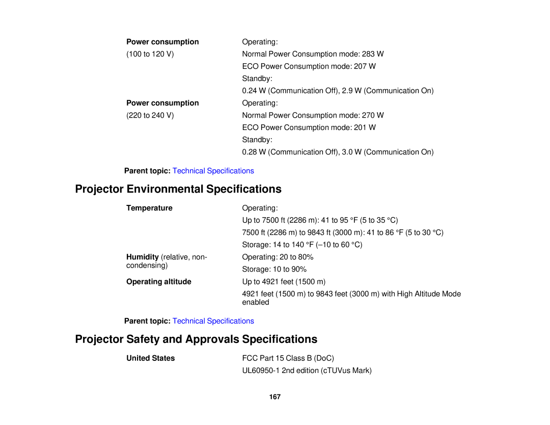 Epson EX7235 Pro manual Projector Environmental Specifications, Projector Safety and Approvals Specifications, Temperature 