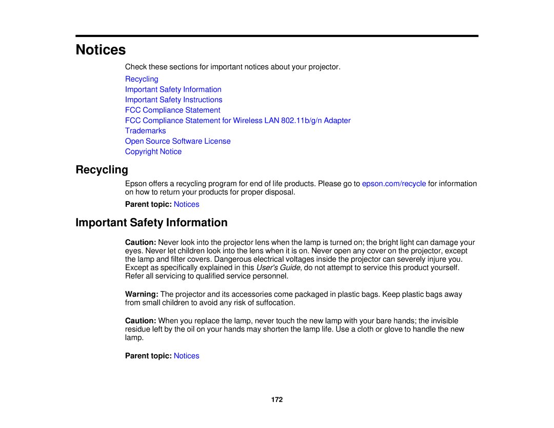 Epson EX7230 Pro, EX7235 Pro manual Recycling, Important Safety Information, Parent topic Notices 