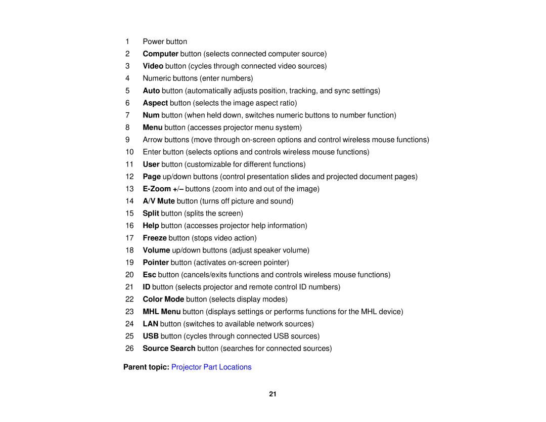 Epson EX7235 Pro, EX7230 Pro manual Parent topic Projector Part Locations 