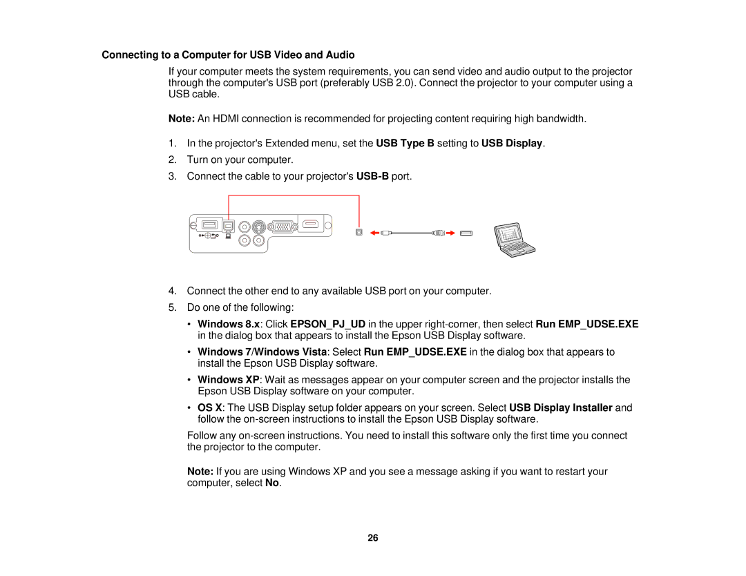 Epson EX7230 Pro, EX7235 Pro manual Connecting to a Computer for USB Video and Audio 