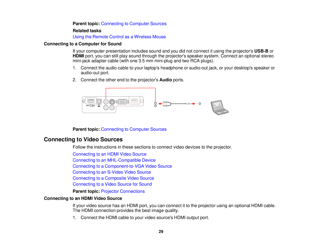 Epson EX7235 Pro manual Connecting to Video Sources, Connecting to a Computer for Sound, Connecting to an Hdmi Video Source 