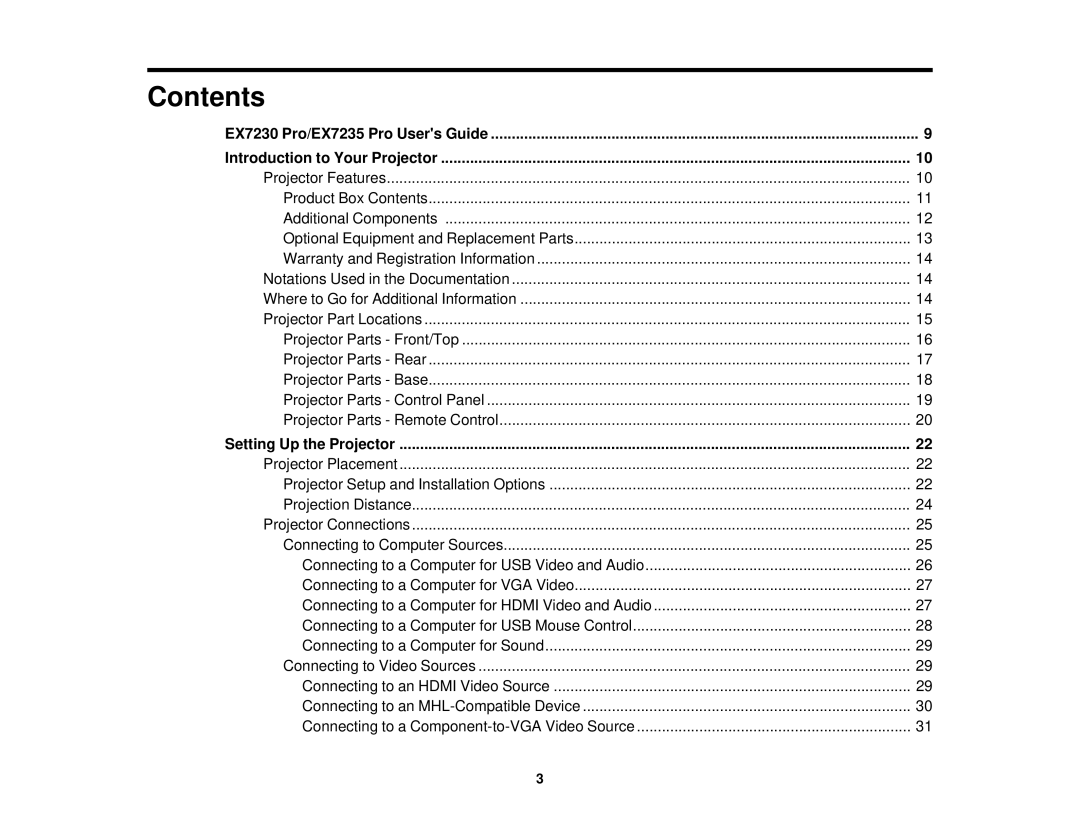 Epson EX7235 Pro, EX7230 Pro manual Contents 