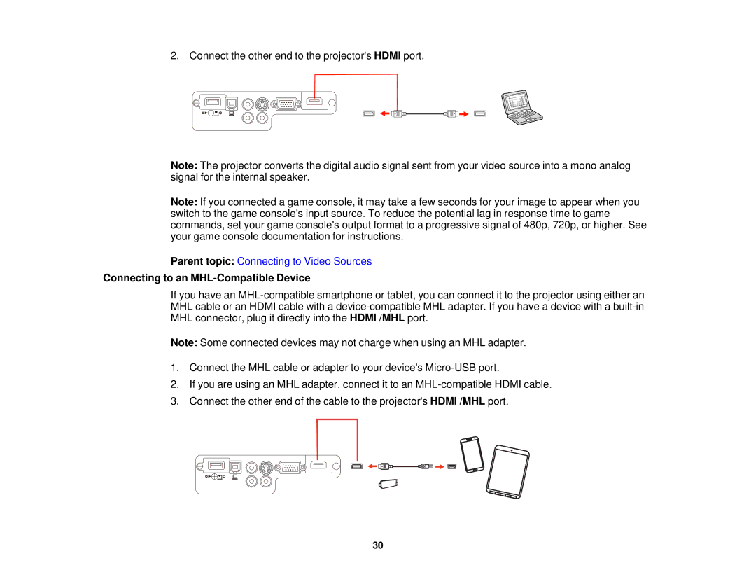 Epson EX7230 Pro, EX7235 Pro manual Connecting to an MHL-Compatible Device 