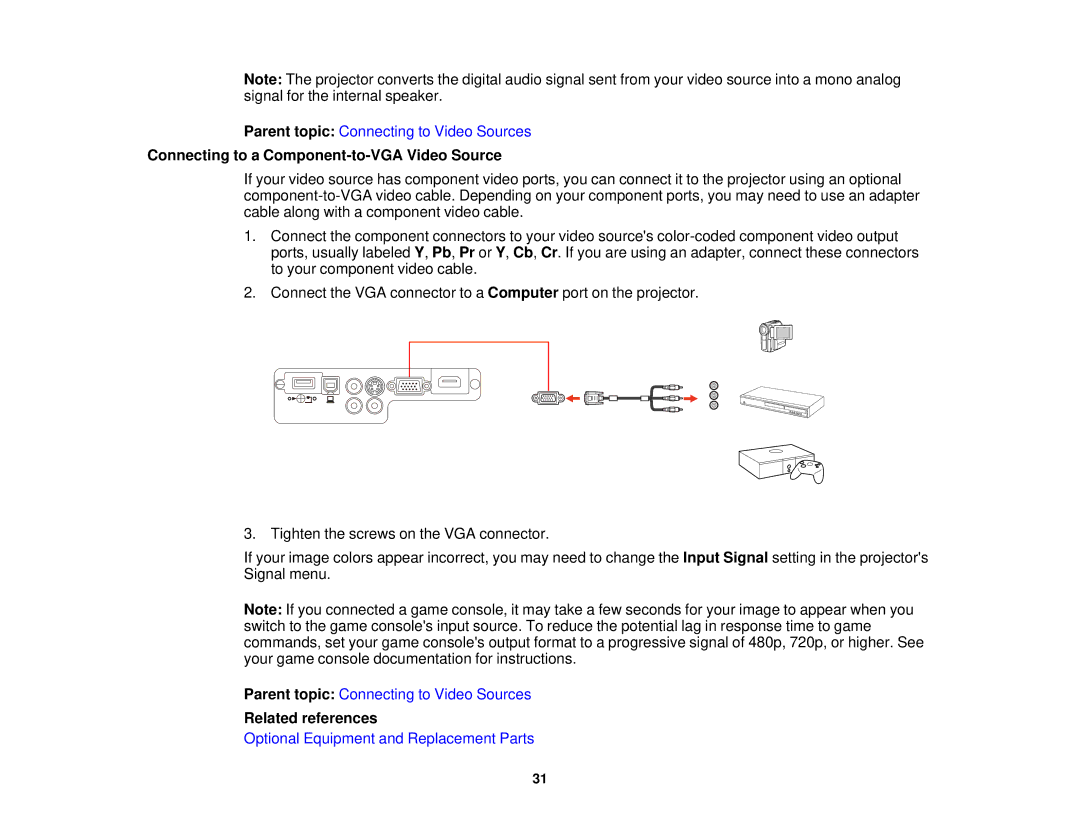 Epson EX7235 Pro, EX7230 Pro manual Connecting to a Component-to-VGA Video Source, Related references 