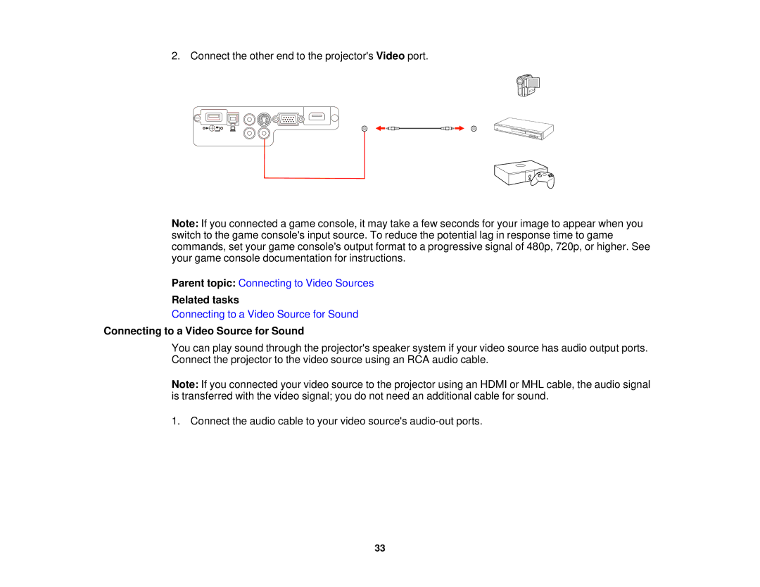 Epson EX7235 Pro, EX7230 Pro manual Connecting to a Video Source for Sound 