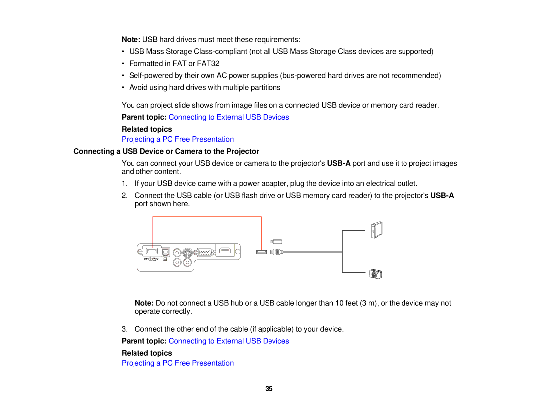 Epson EX7235 Pro, EX7230 Pro manual Related topics, Connecting a USB Device or Camera to the Projector 