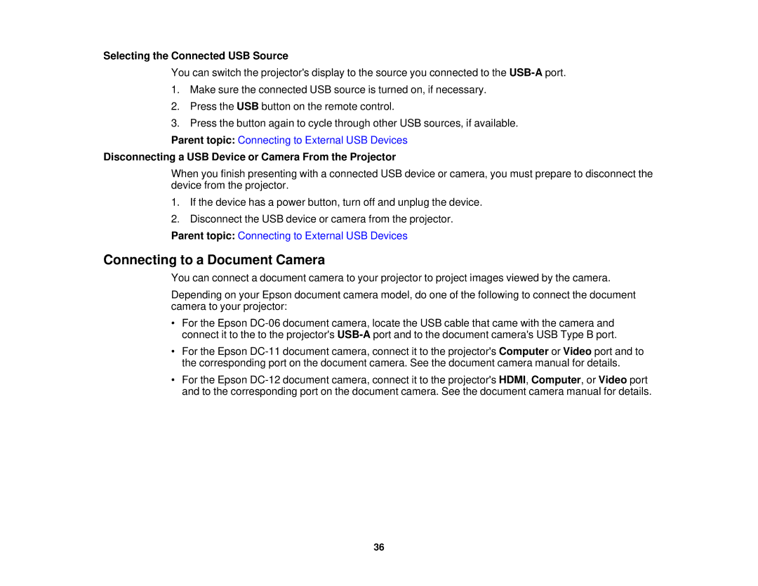 Epson EX7230 Pro, EX7235 Pro manual Connecting to a Document Camera, Selecting the Connected USB Source 