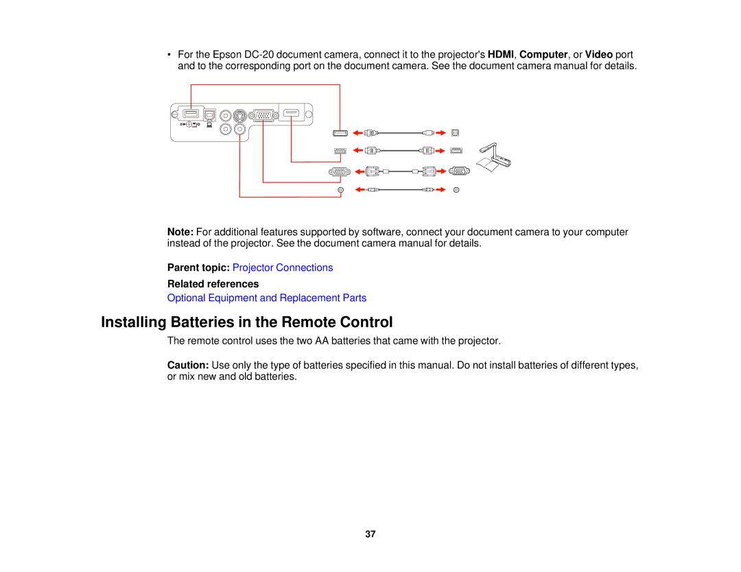 Epson EX7235 Pro, EX7230 Pro manual Installing Batteries in the Remote Control, Related references 