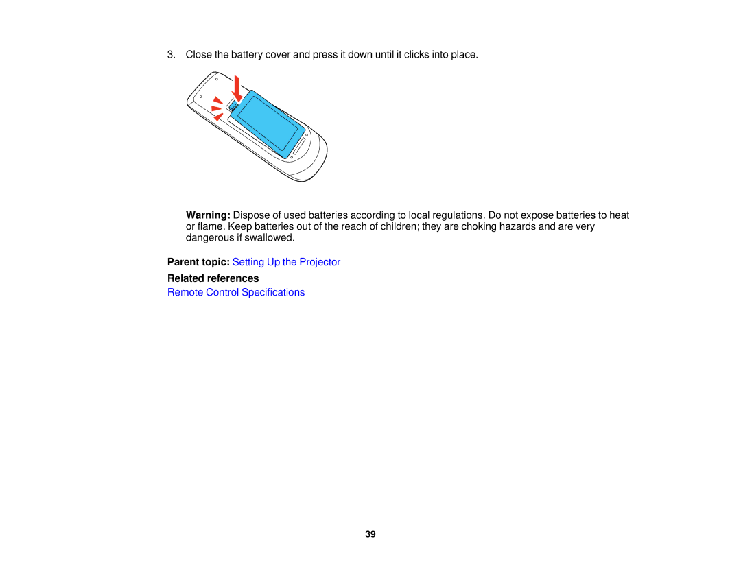 Epson EX7235 Pro, EX7230 Pro manual Remote Control Specifications 