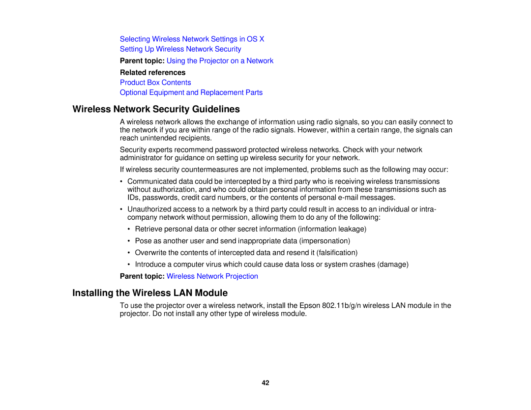 Epson EX7230 Pro, EX7235 Pro manual Wireless Network Security Guidelines, Installing the Wireless LAN Module 