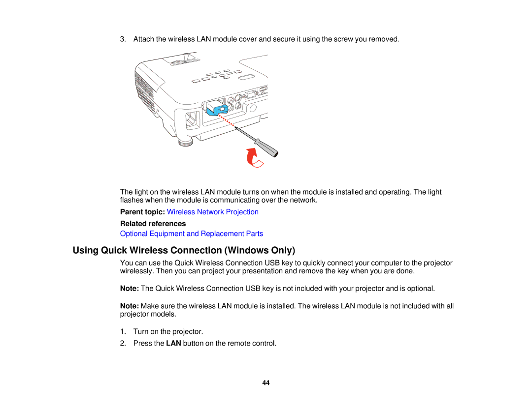 Epson EX7230 Pro, EX7235 Pro manual Using Quick Wireless Connection Windows Only 