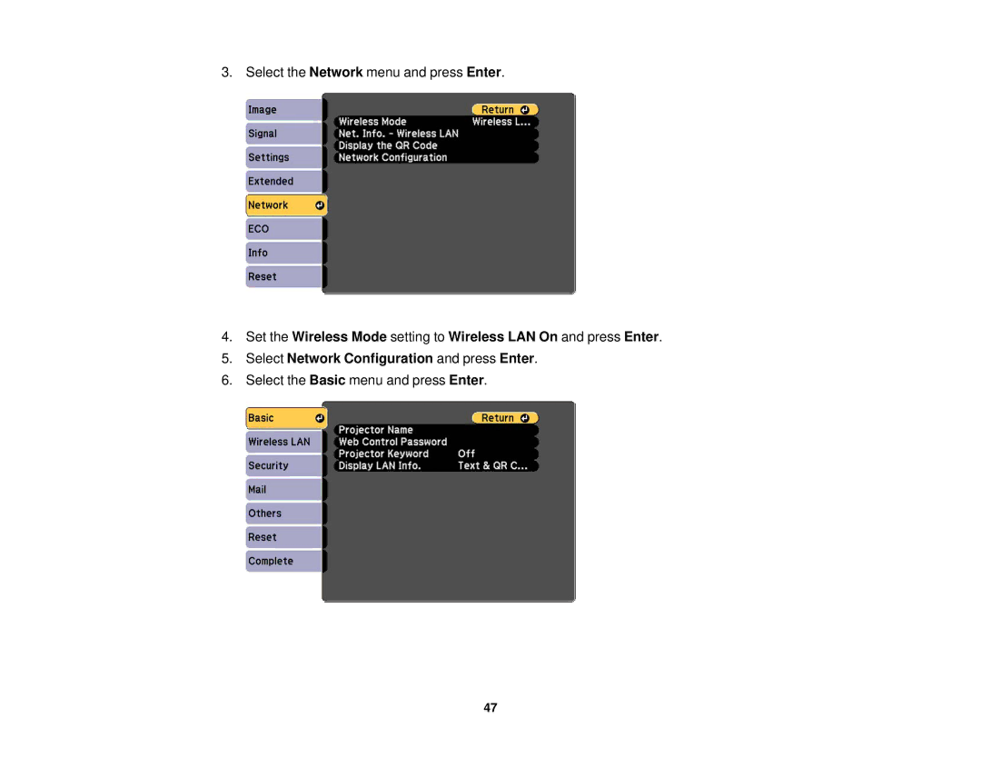 Epson EX7235 Pro, EX7230 Pro manual Select the Network menu and press Enter 