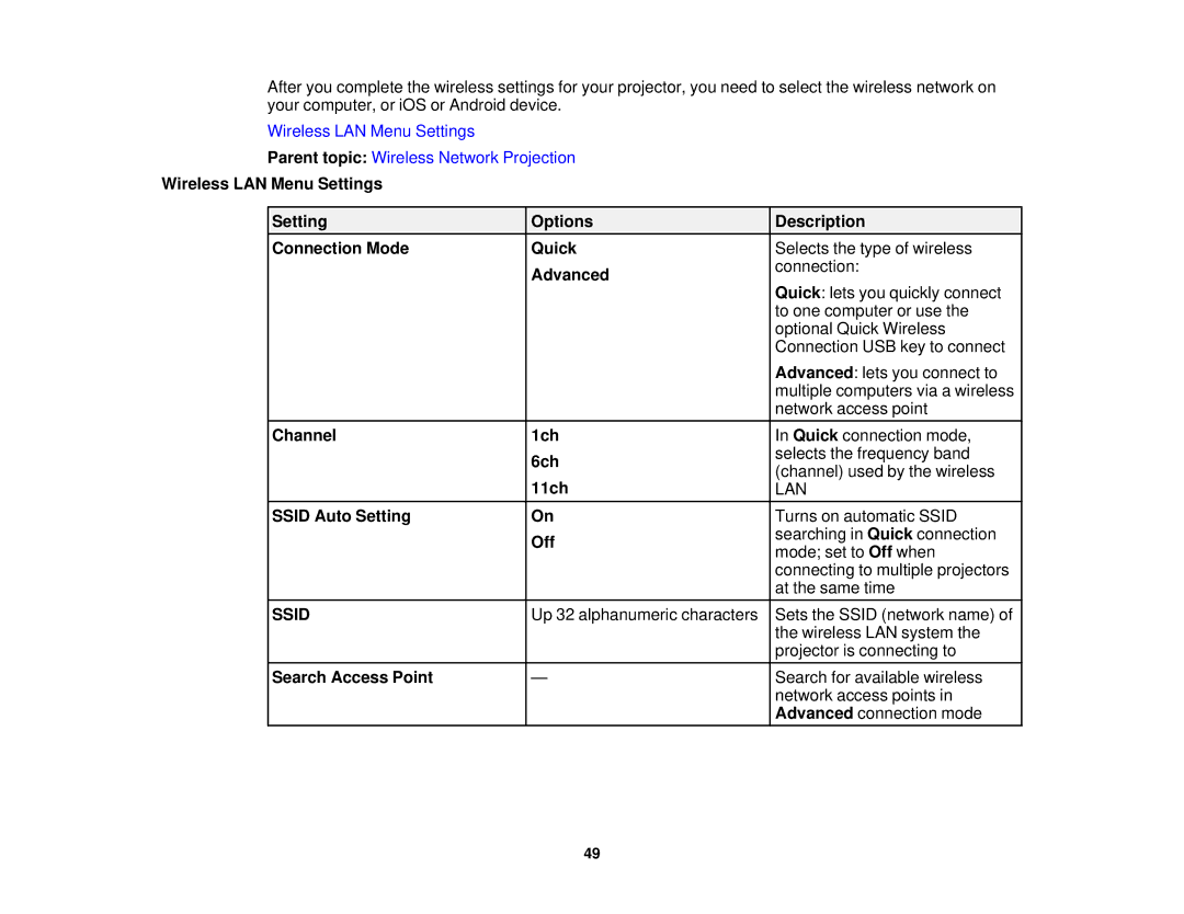 Epson EX7235 Pro, EX7230 Pro manual Advanced, Channel 1ch, 6ch, 11ch, Ssid Auto Setting, Off, Search Access Point 