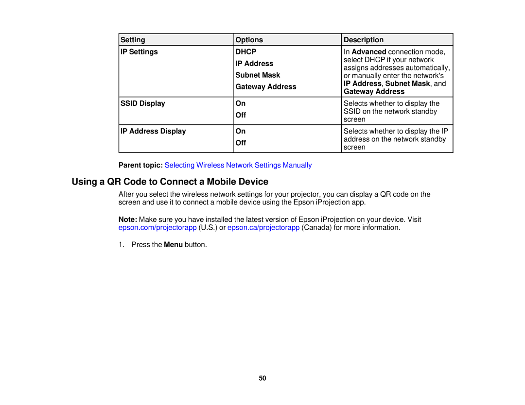 Epson EX7230 Pro, EX7235 Pro manual Using a QR Code to Connect a Mobile Device, Setting Options Description IP Settings 