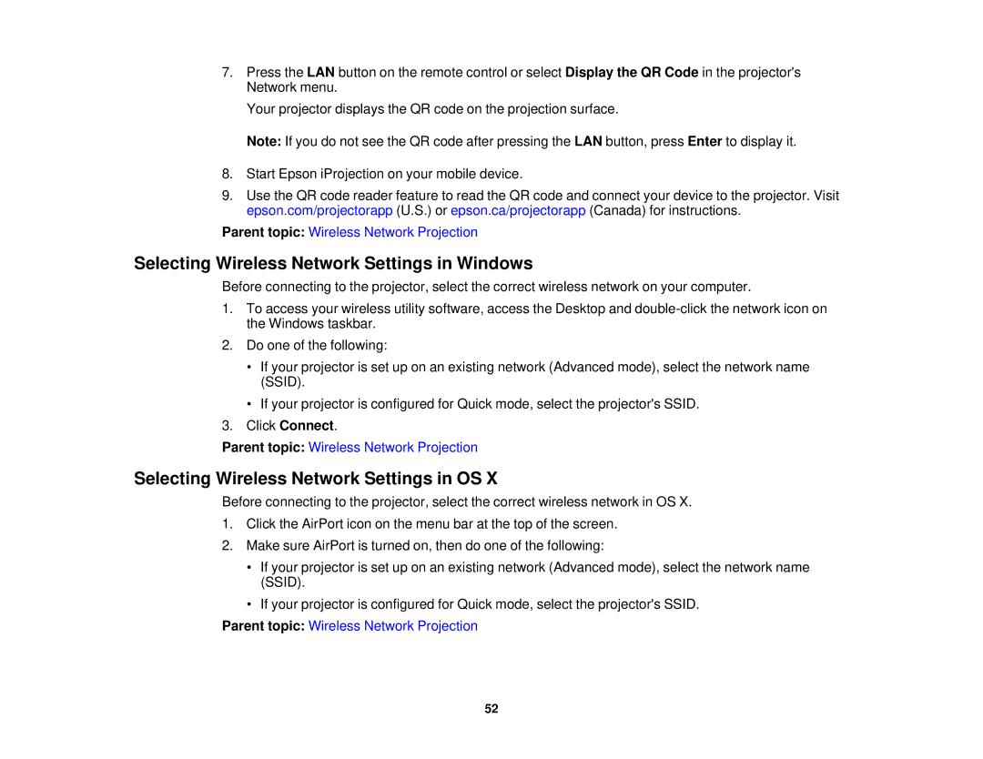 Epson EX7230 Pro, EX7235 Pro Selecting Wireless Network Settings in Windows, Selecting Wireless Network Settings in OS 