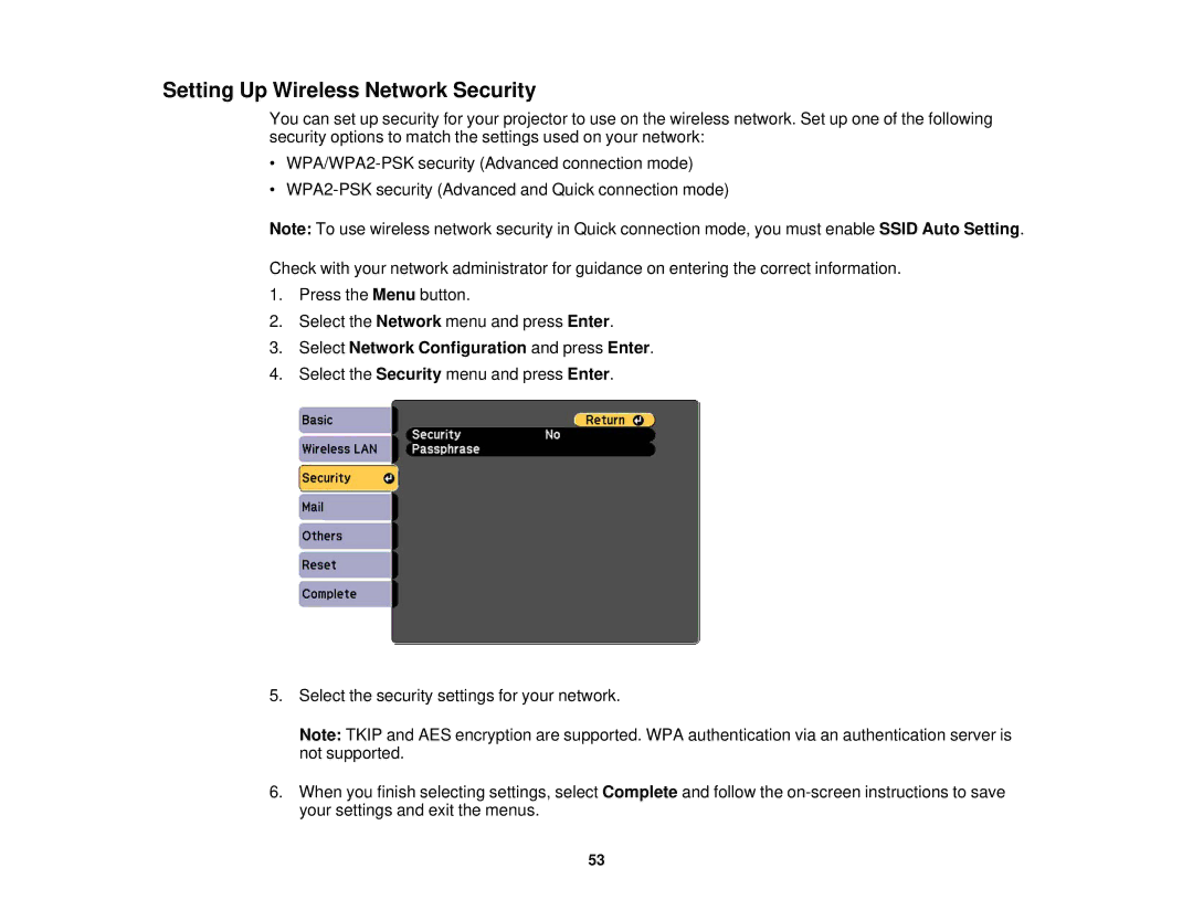 Epson EX7235 Pro, EX7230 Pro manual Setting Up Wireless Network Security 