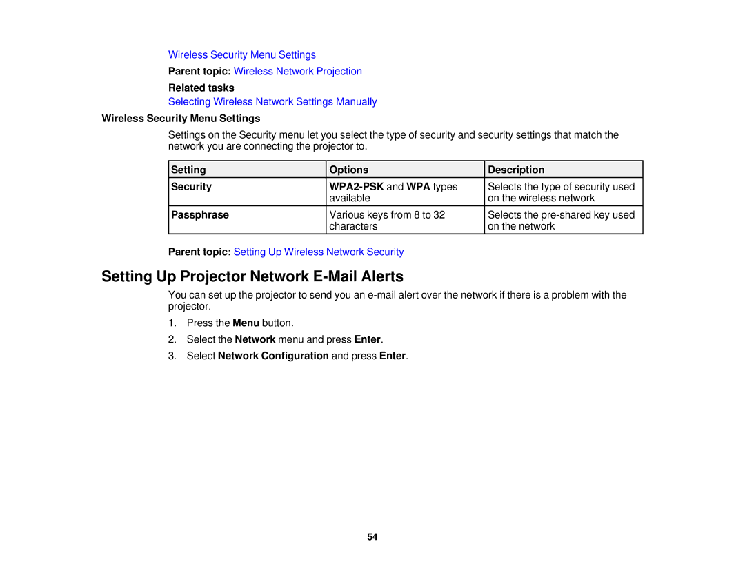 Epson EX7230 Pro, EX7235 Pro manual Setting Up Projector Network E-Mail Alerts, Wireless Security Menu Settings, Passphrase 