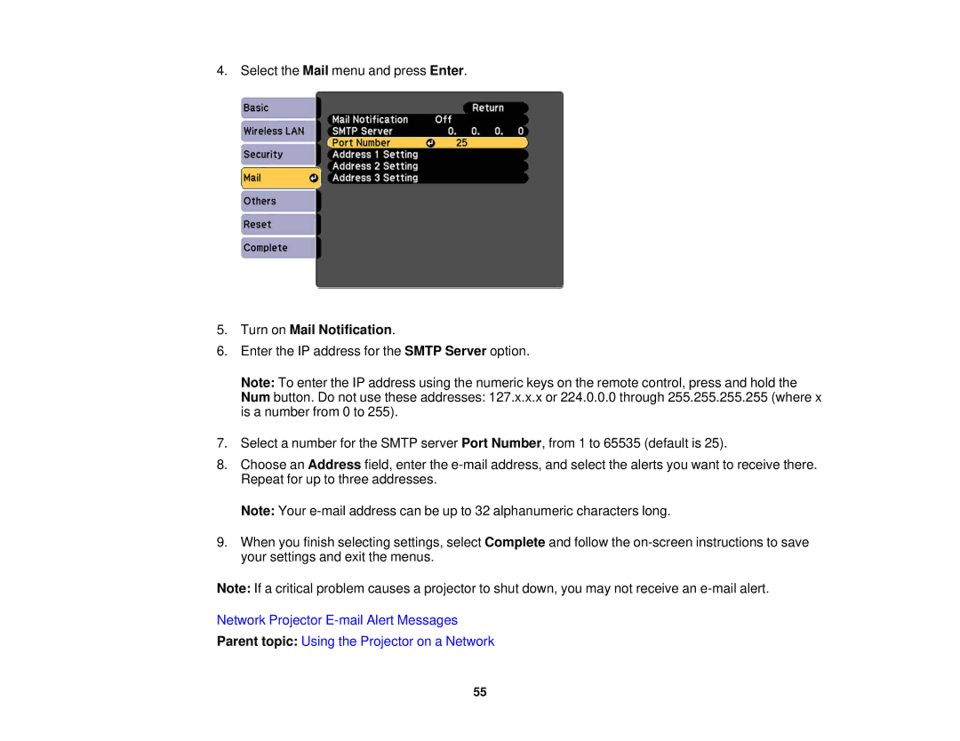 Epson EX7235 Pro, EX7230 Pro manual Turn on Mail Notification 