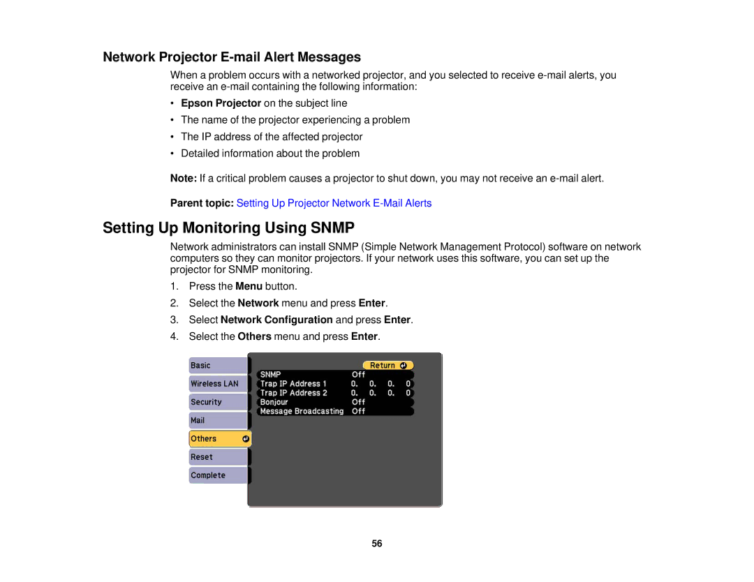 Epson EX7230 Pro, EX7235 Pro manual Setting Up Monitoring Using Snmp, Network Projector E-mail Alert Messages 