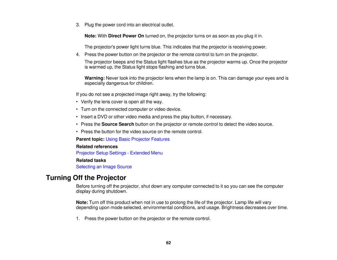 Epson EX7230 Pro, EX7235 Pro manual Turning Off the Projector, Related references 