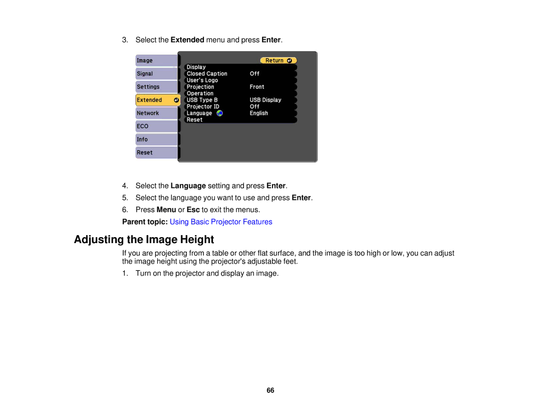 Epson EX7230 Pro, EX7235 Pro manual Adjusting the Image Height 