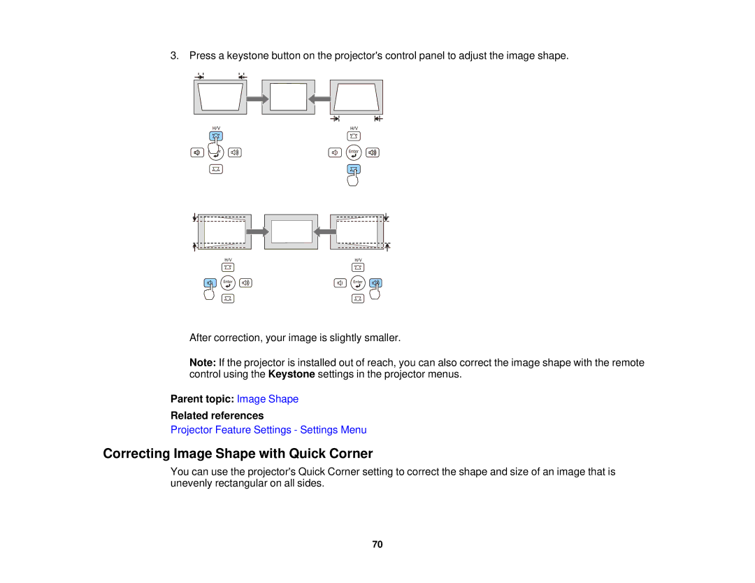 Epson EX7230 Pro, EX7235 Pro manual Correcting Image Shape with Quick Corner, Parent topic Image Shape Related references 