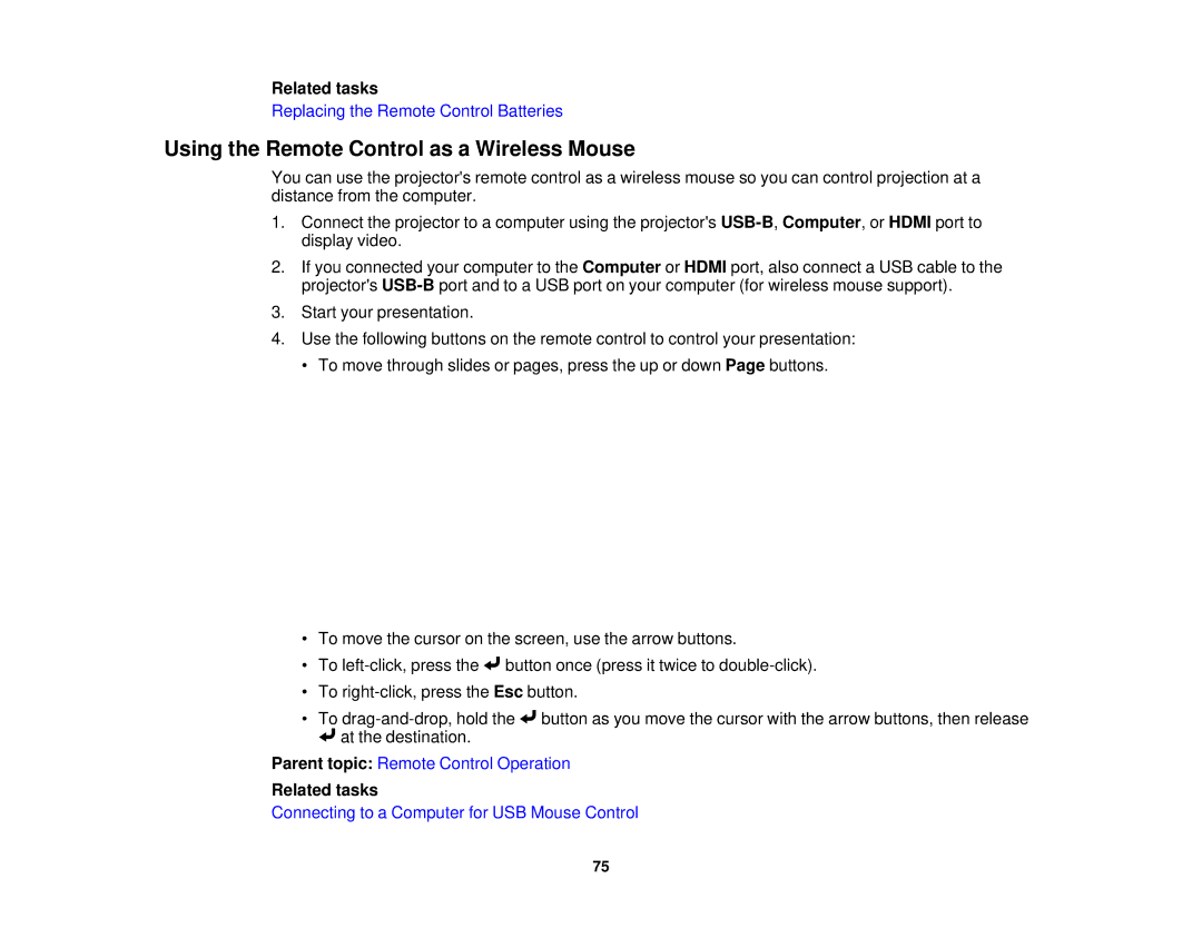 Epson EX7235 Pro, EX7230 Pro manual Using the Remote Control as a Wireless Mouse, Related tasks 