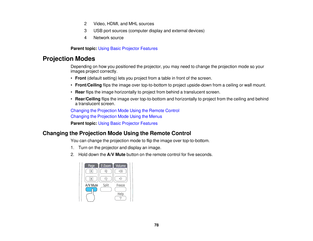 Epson EX7230 Pro, EX7235 Pro manual Projection Modes, Changing the Projection Mode Using the Remote Control 