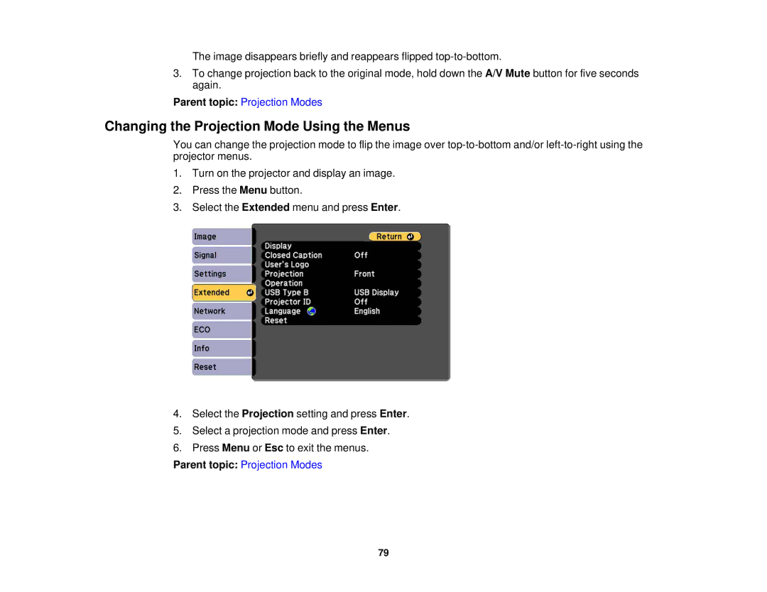 Epson EX7235 Pro, EX7230 Pro manual Changing the Projection Mode Using the Menus 