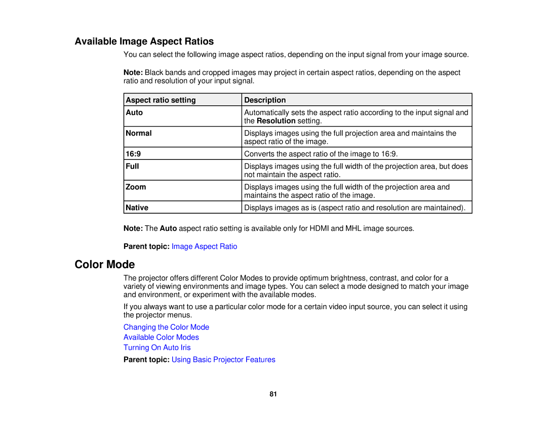 Epson EX7235 Pro, EX7230 Pro manual Color Mode, Available Image Aspect Ratios 