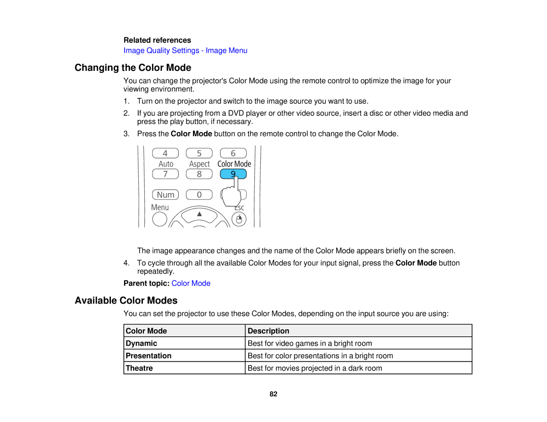 Epson EX7230 Pro, EX7235 Pro manual Changing the Color Mode, Available Color Modes, Parent topic Color Mode 