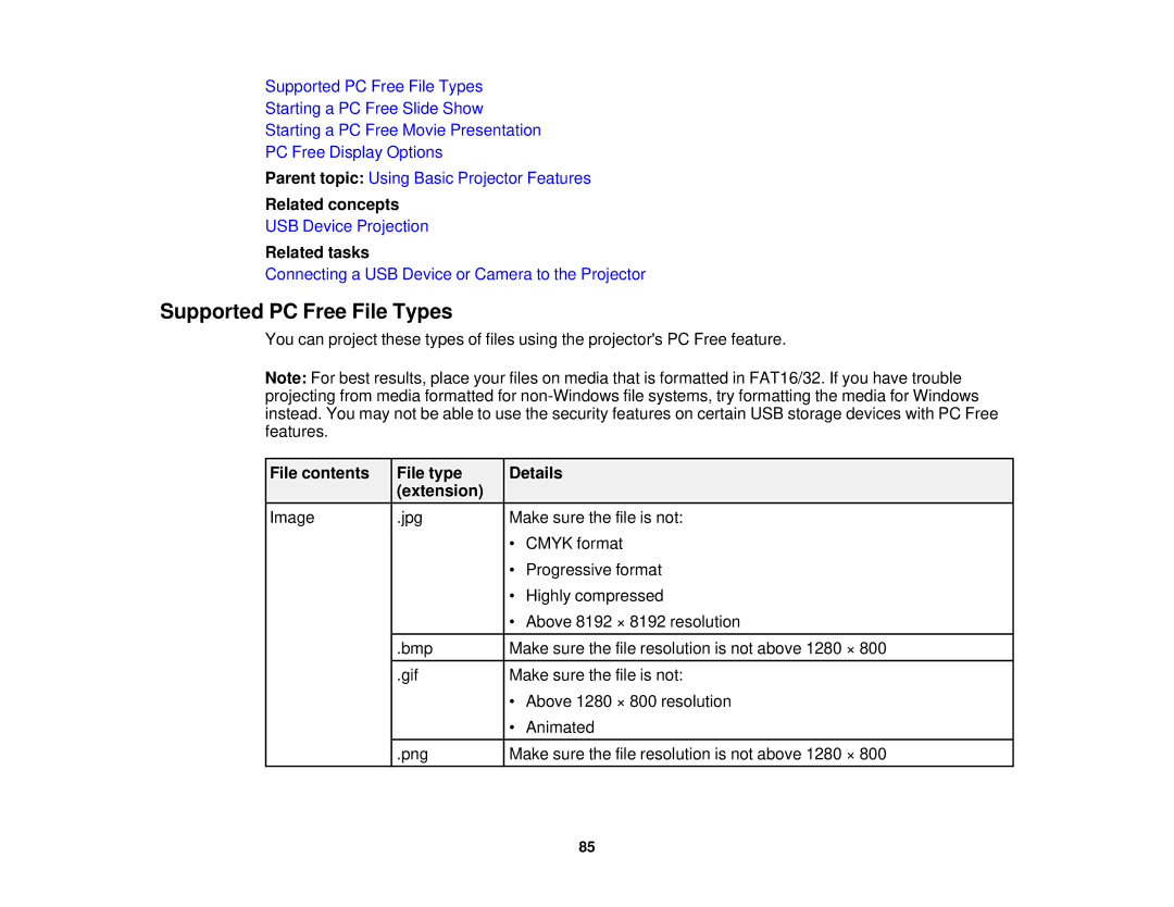 Epson EX7235 Pro, EX7230 Pro manual Supported PC Free File Types, File contents File type Details Extension 