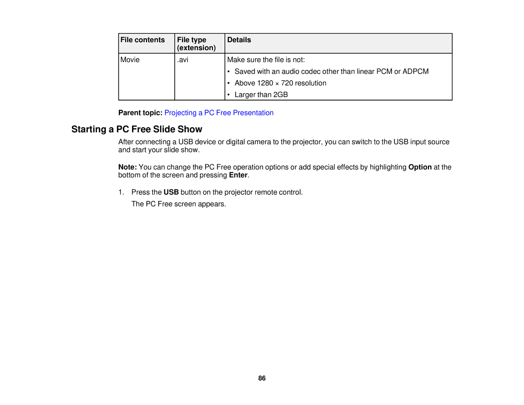 Epson EX7230 Pro, EX7235 Pro manual Starting a PC Free Slide Show 