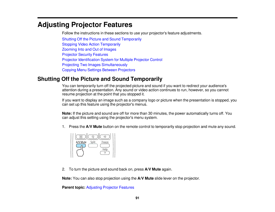 Epson EX7235 Pro, EX7230 Pro manual Adjusting Projector Features, Shutting Off the Picture and Sound Temporarily 