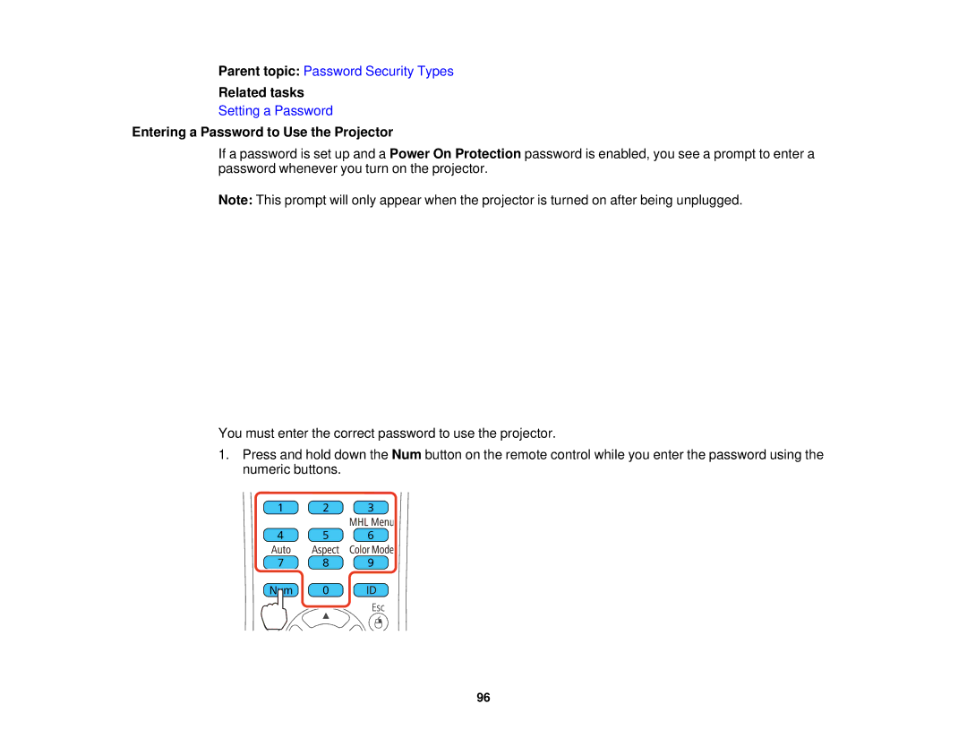 Epson EX7230 Pro, EX7235 Pro manual Entering a Password to Use the Projector 