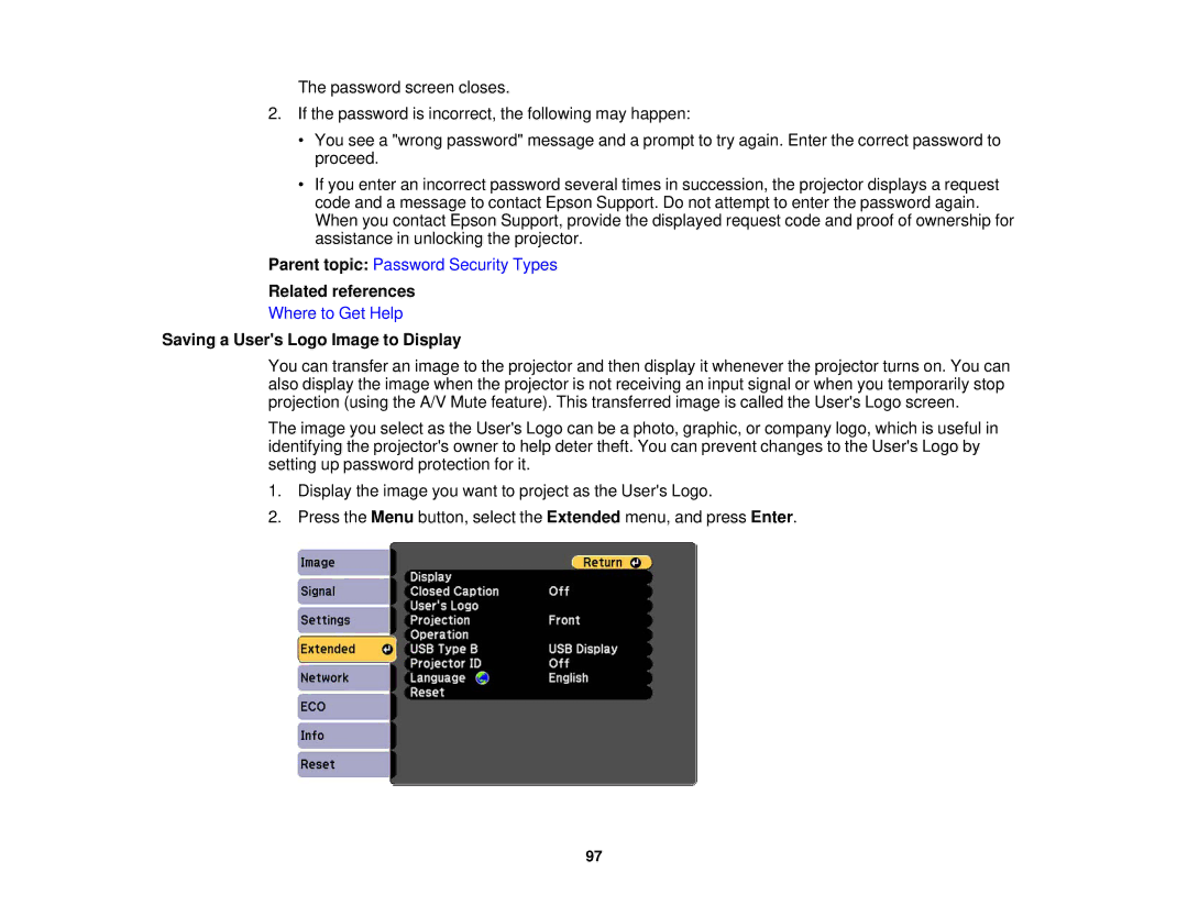 Epson EX7235 Pro, EX7230 Pro manual Related references, Saving a Users Logo Image to Display 