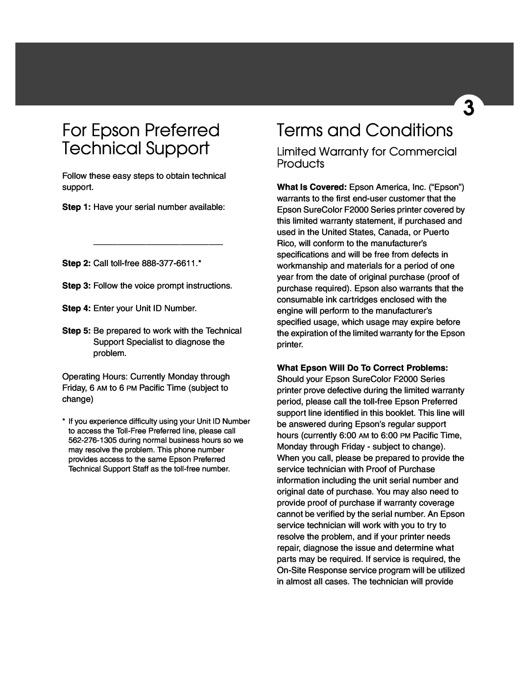 Epson F2000 warranty For Epson Preferred Technical Support, Terms and Conditions, What Epson Will Do To Correct Problems 