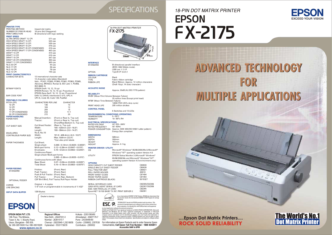 Epson FX-2175 specifications Printer Type, Print Speed, Interface, Print Characteristics, Ribbon Cartridge, Acoustic Noise 