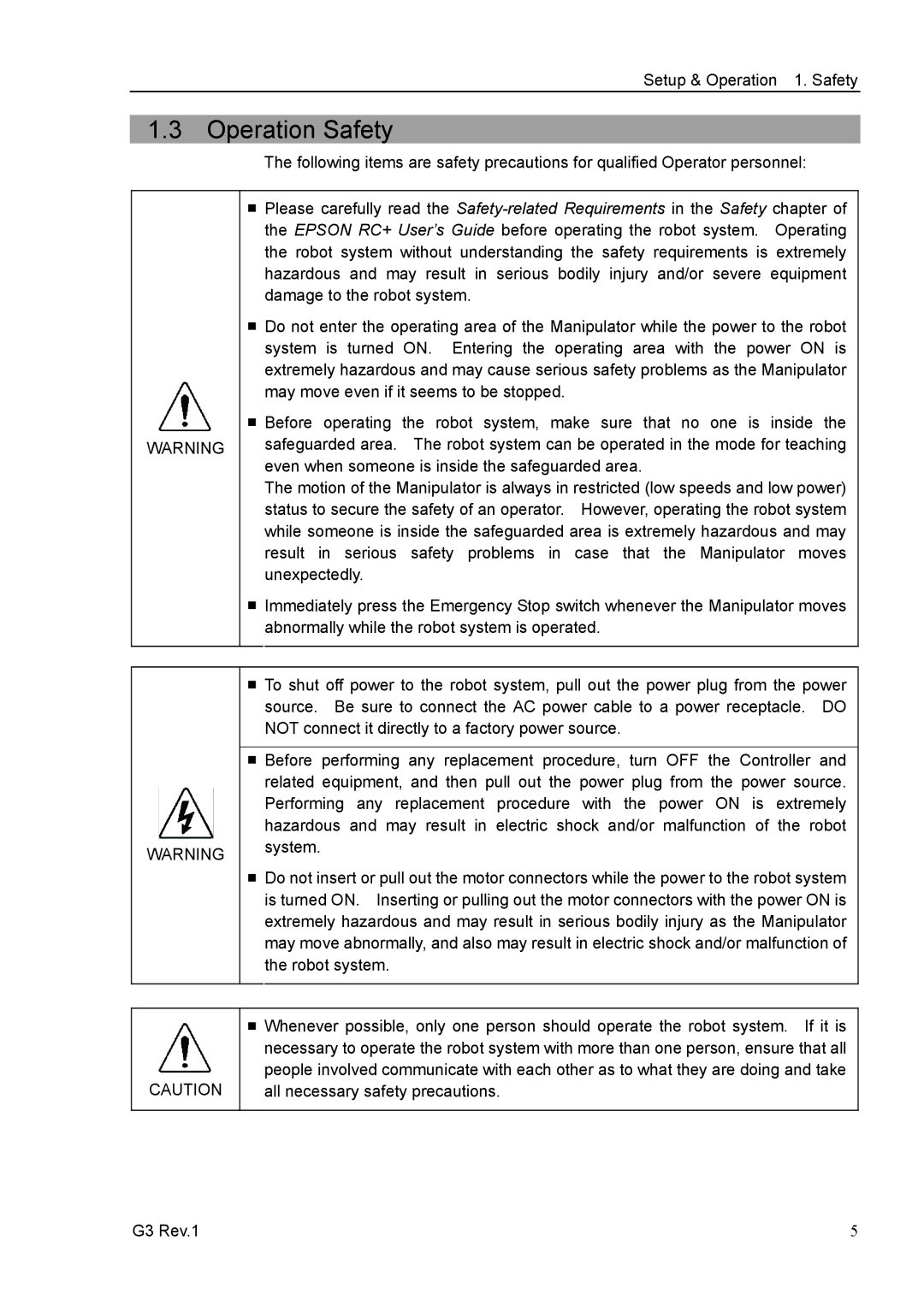 Epson G3 Series manual Operation Safety, Unexpectedly, All necessary safety precautions 