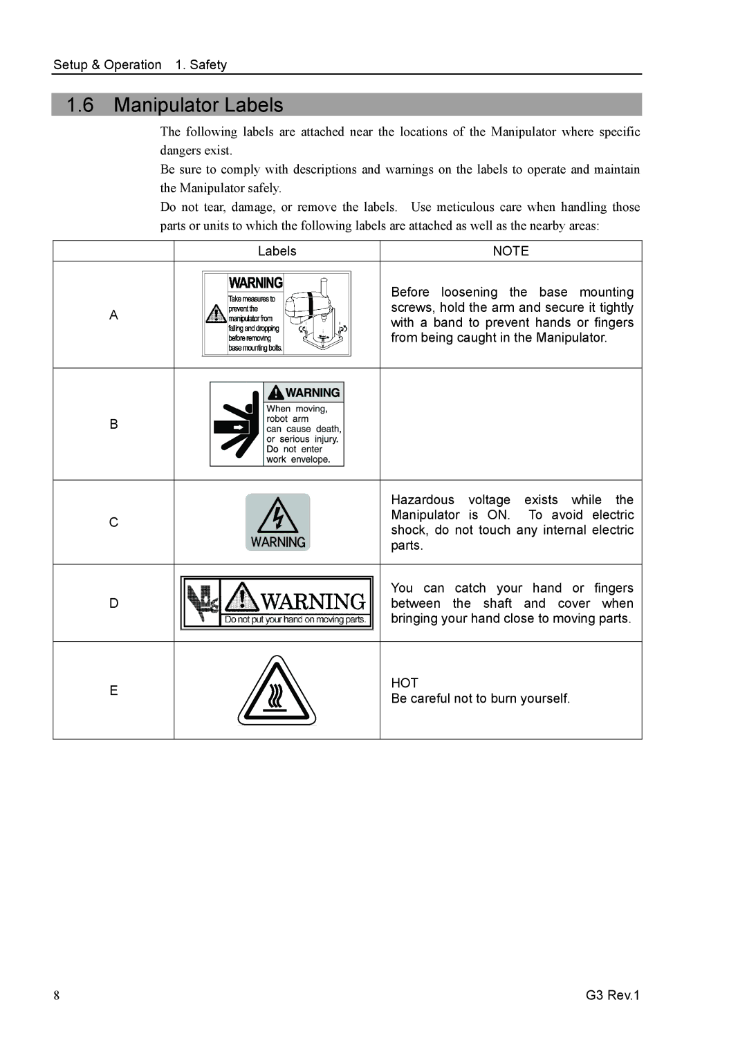 Epson G3 Series manual Manipulator Labels, Be careful not to burn yourself 