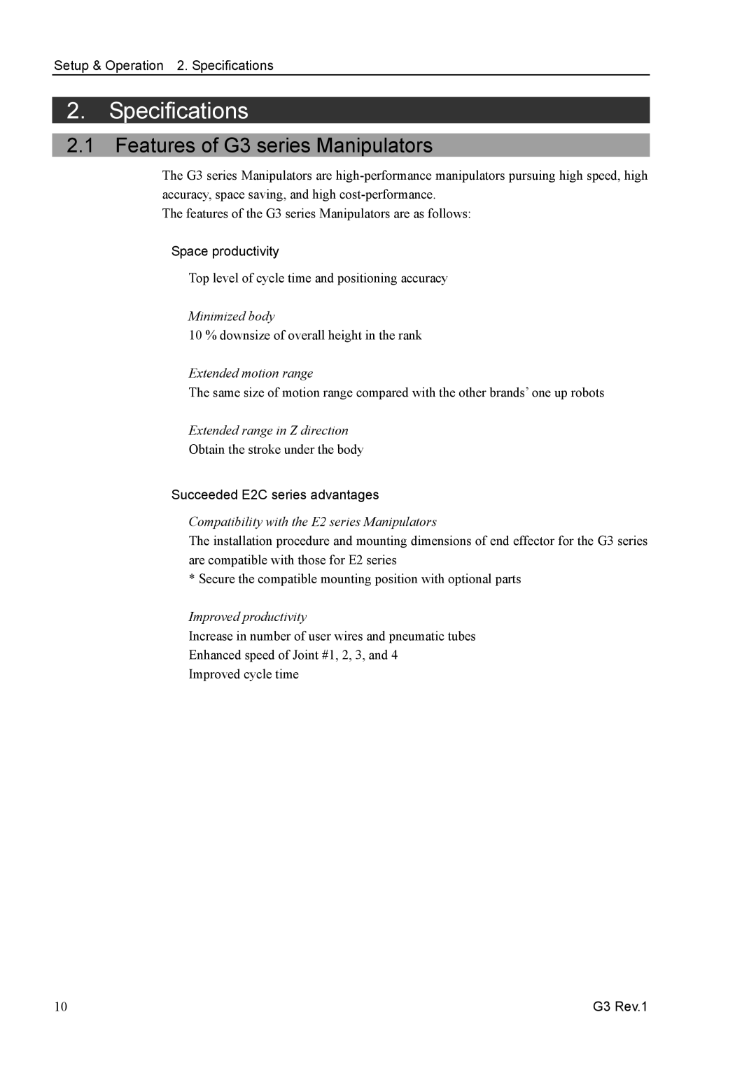 Epson G3 Series manual Features of G3 series Manipulators, Setup & Operation 2. Specifications, Space productivity 