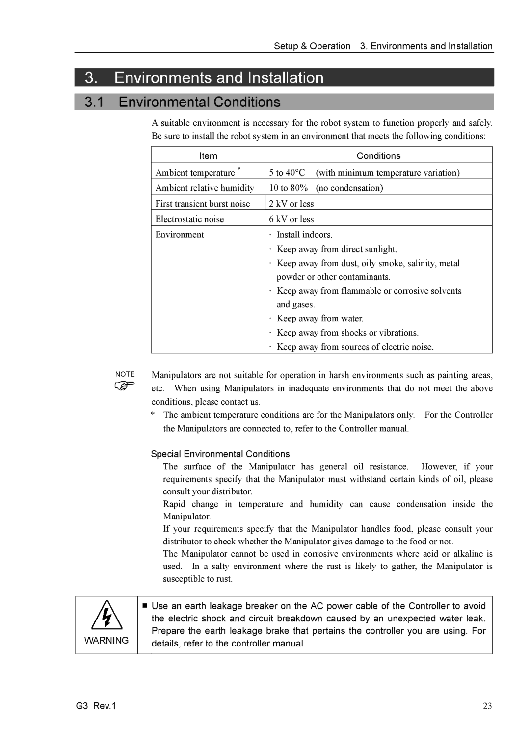 Epson G3 Series manual Environments and Installation, Special Environmental Conditions 