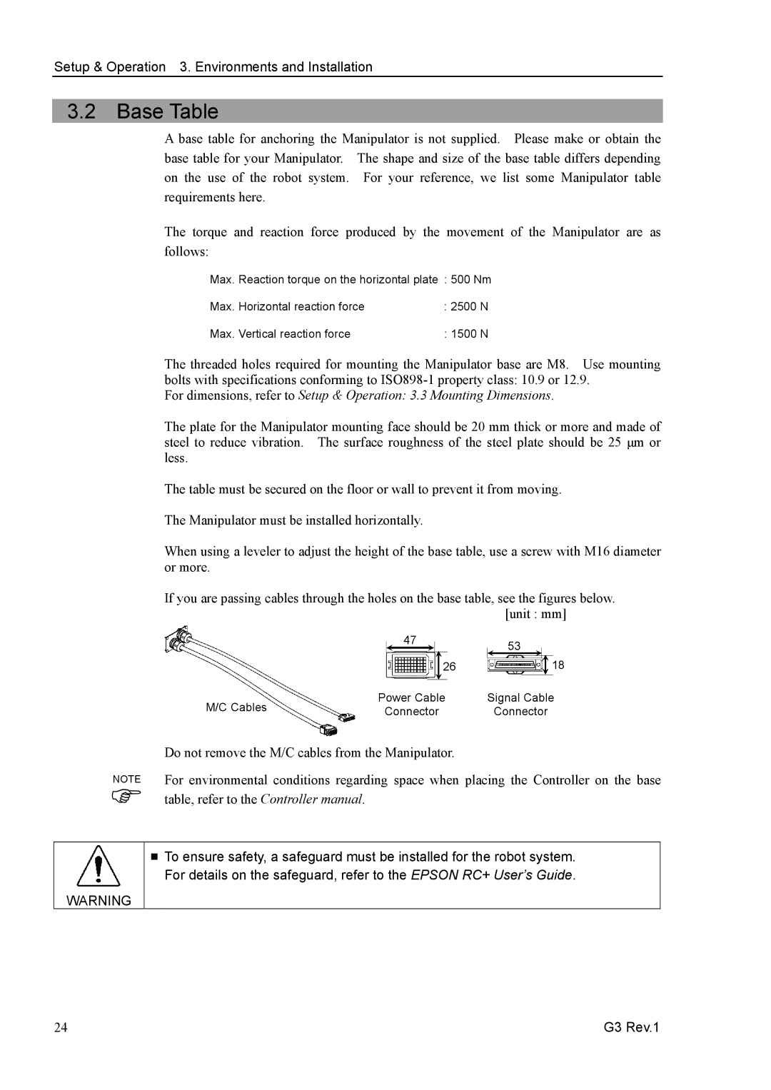 Epson G3 Series manual Base Table, Do not remove the M/C cables from the Manipulator 