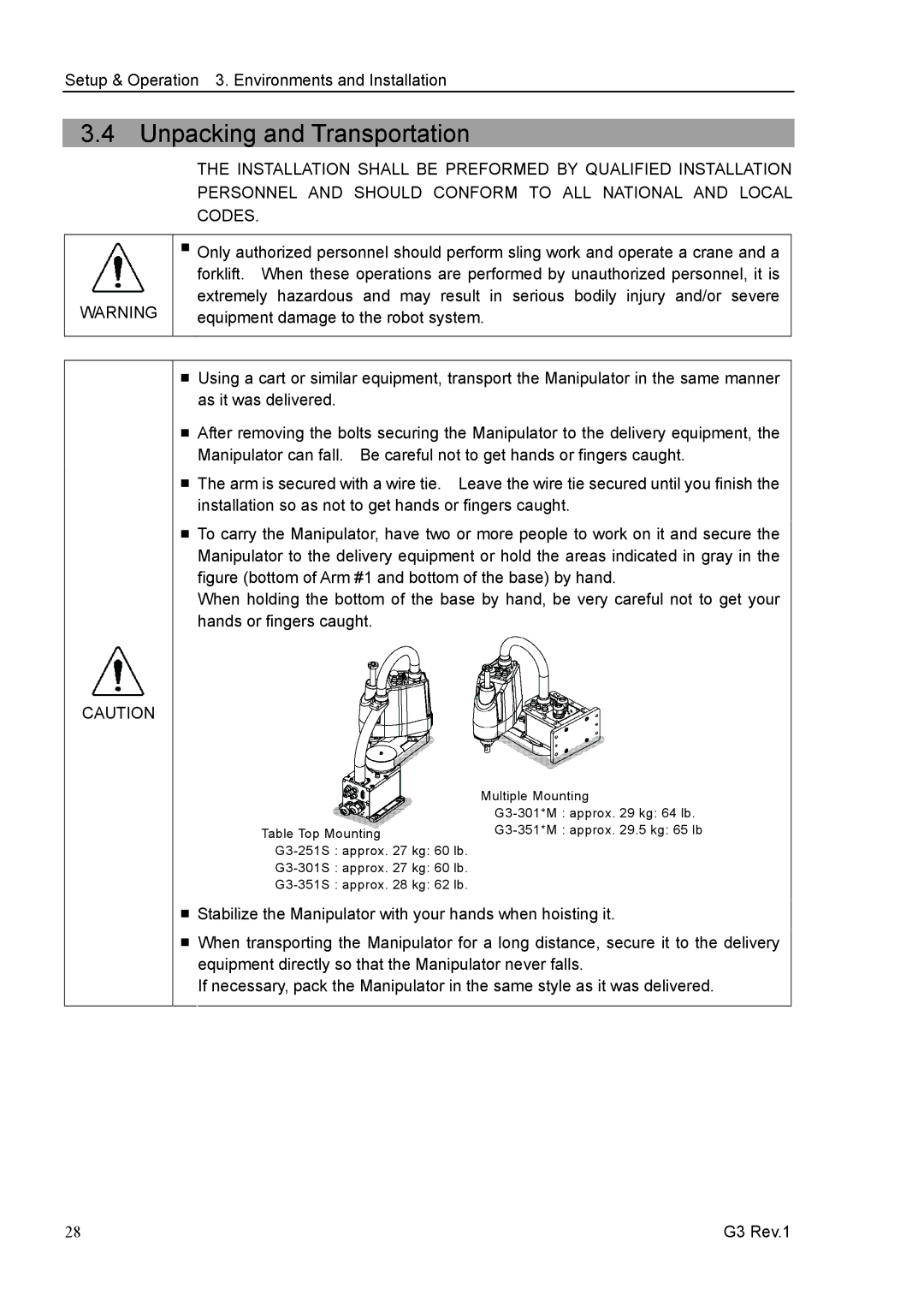 Epson G3 Series manual Unpacking and Transportation 