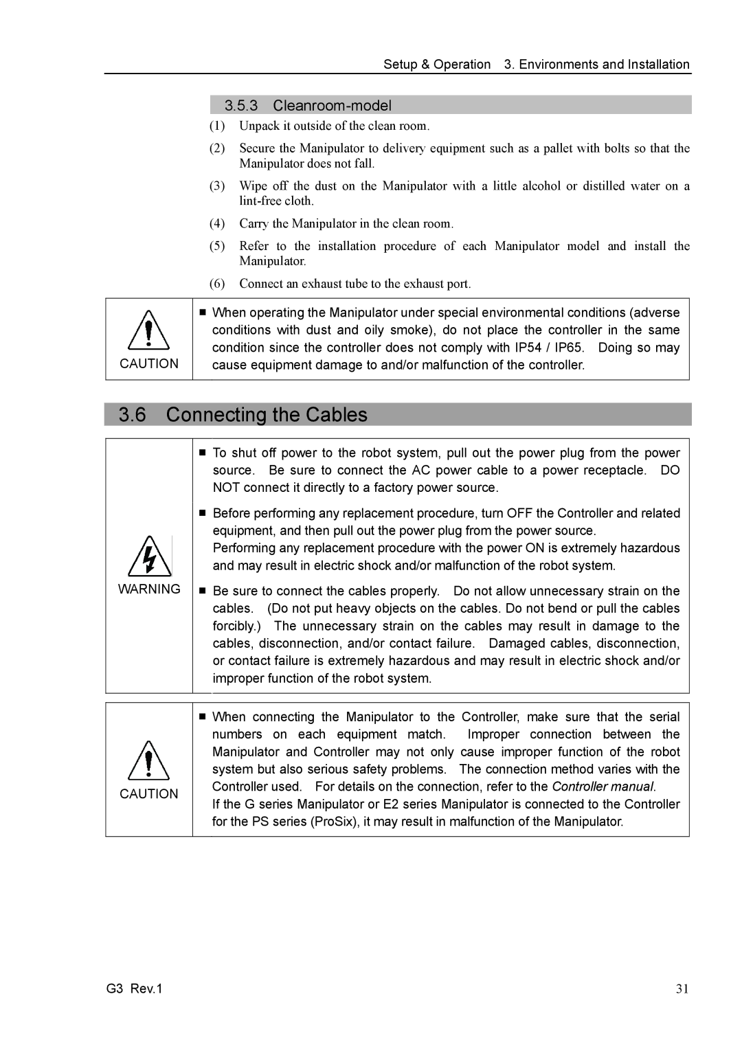 Epson G3 Series manual Connecting the Cables, Cleanroom-model 