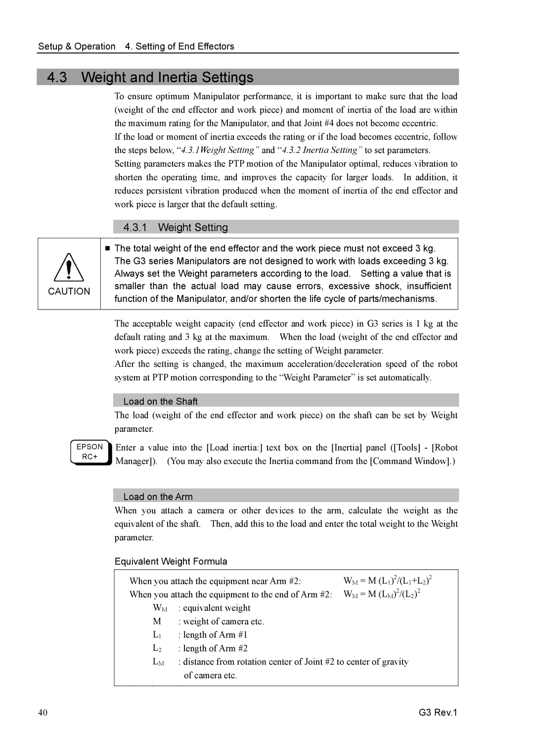 Epson G3 Series Weight and Inertia Settings, Weight Setting, Load on the Shaft, Load on the Arm, Equivalent Weight Formula 