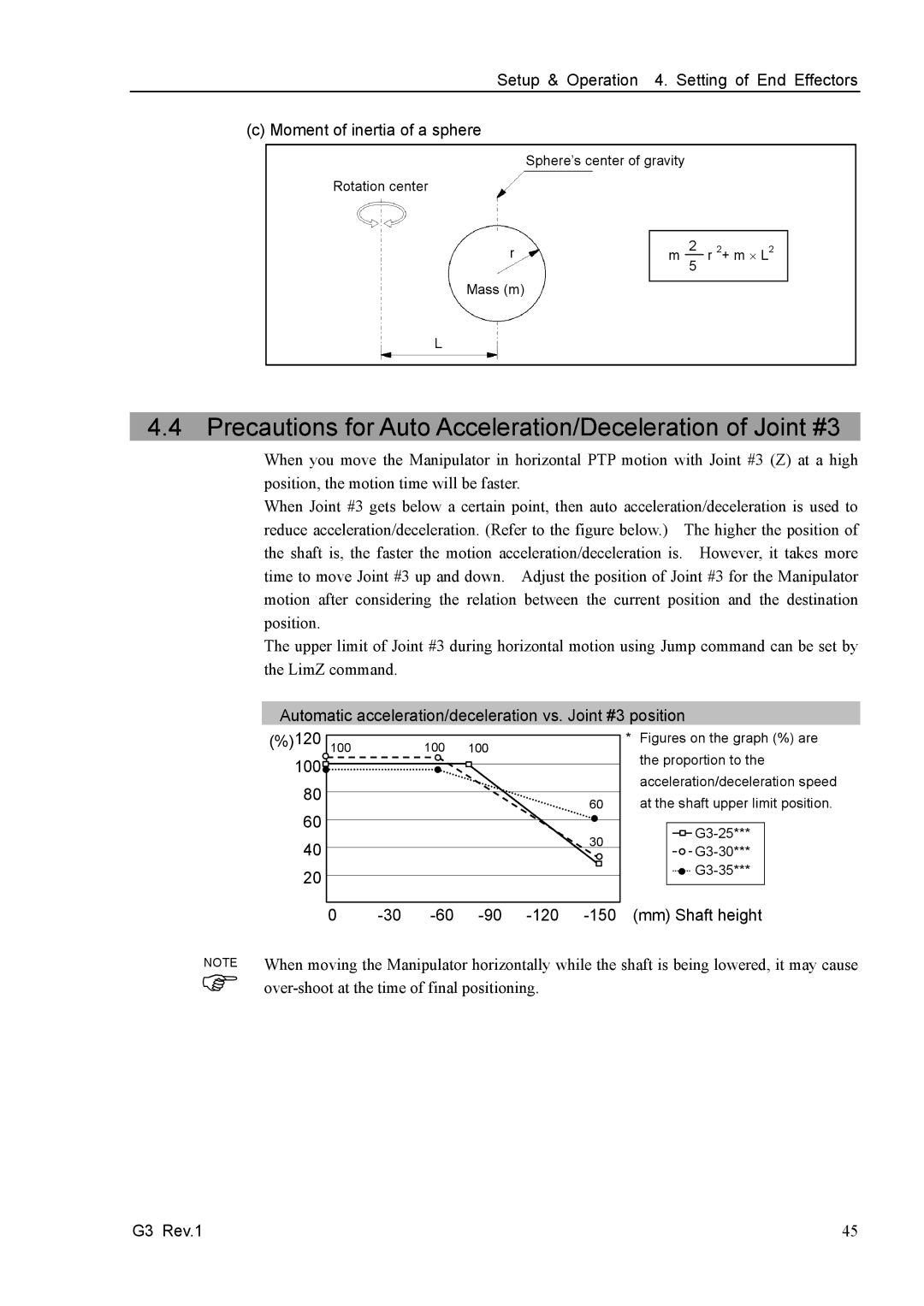 Epson G3 Series manual Precautions for Auto Acceleration/Deceleration of Joint #3, 100 120 150, Mm Shaft height G3 Rev.1 